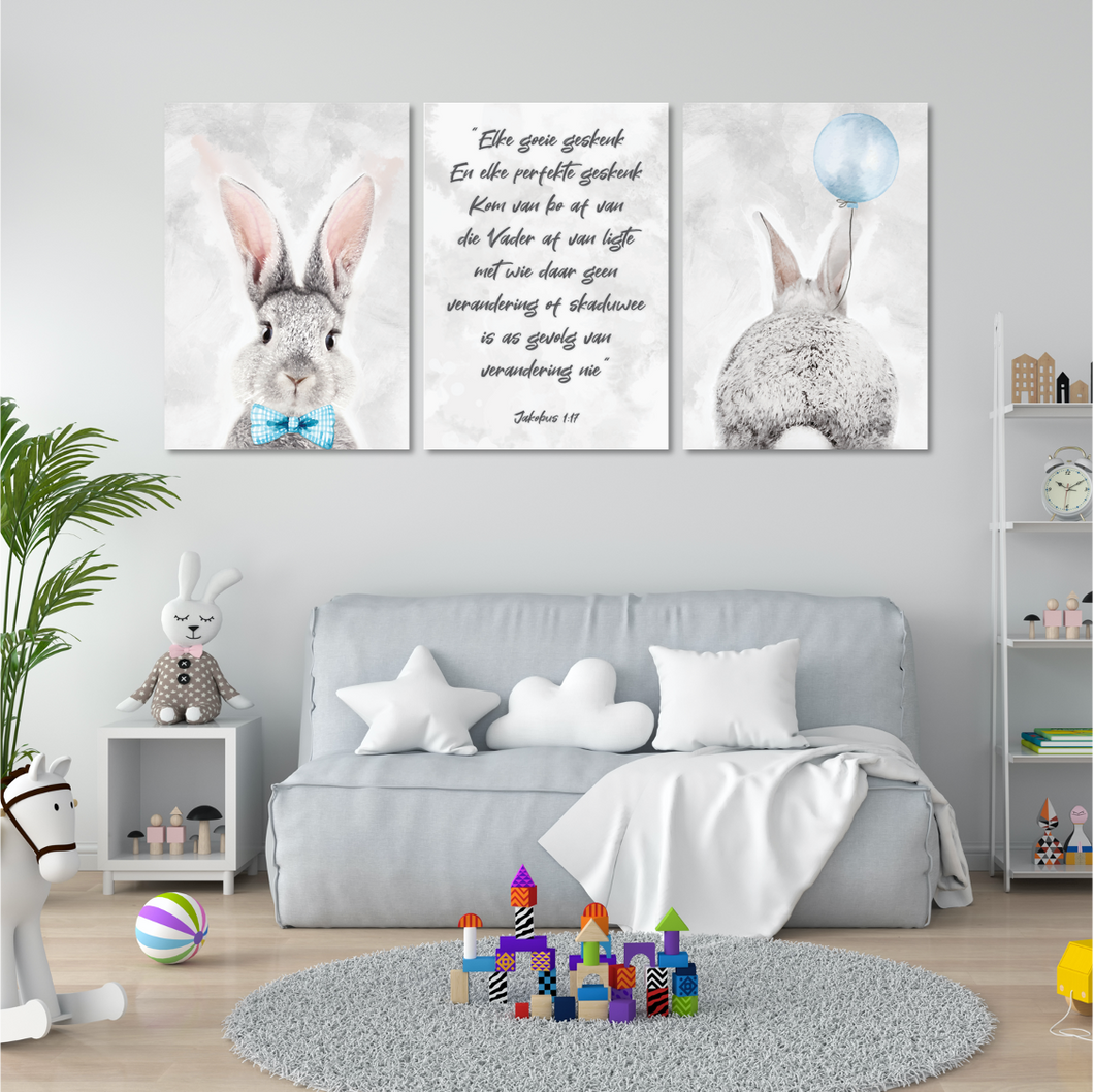 Grey + Blue Bunny with Bible Verse in Afrikaans