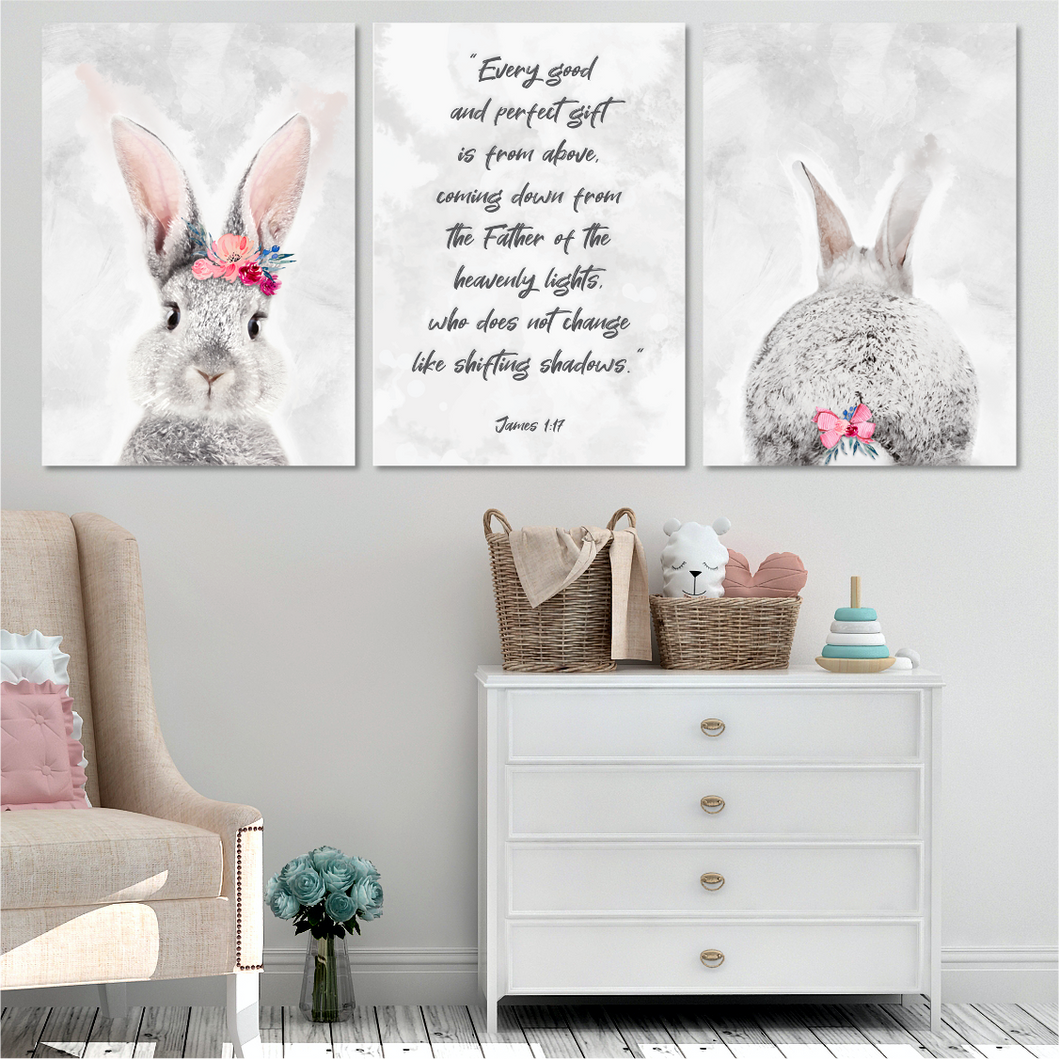 Grey + Pink Bunny with Bible Verse