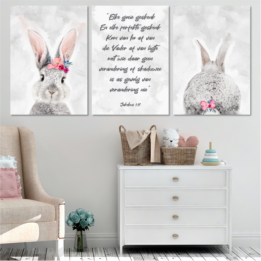 Grey + Pink Bunny with Bible Verse in Afrikaans