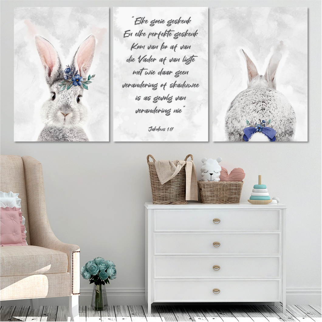 Grey + Purple Bunny with Bible Verse in Afrikaans