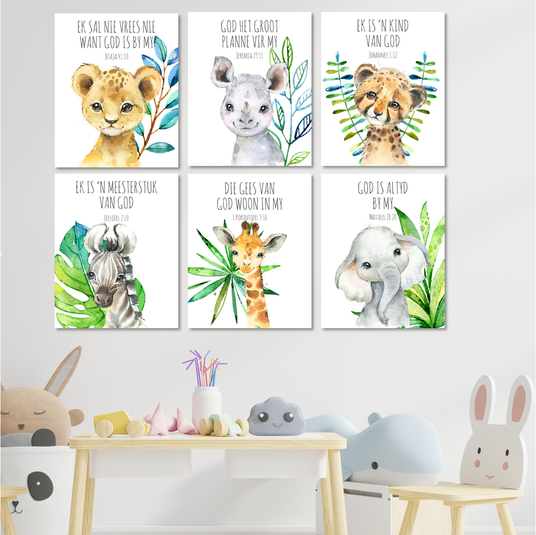 Safari Animals Bible Verse with Leaves in Afrikaans