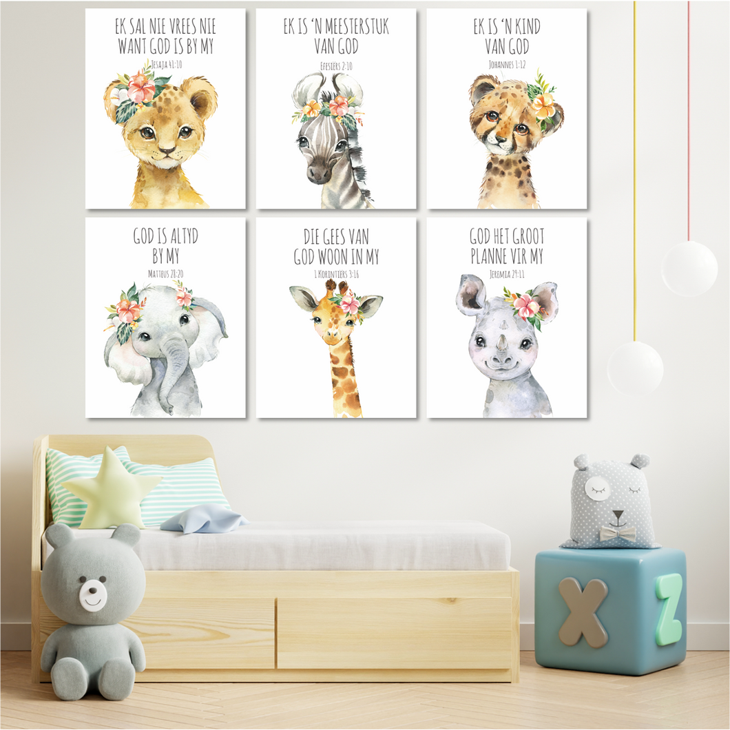 Safari Animals Bible Verse in Afrikaans with Flowers